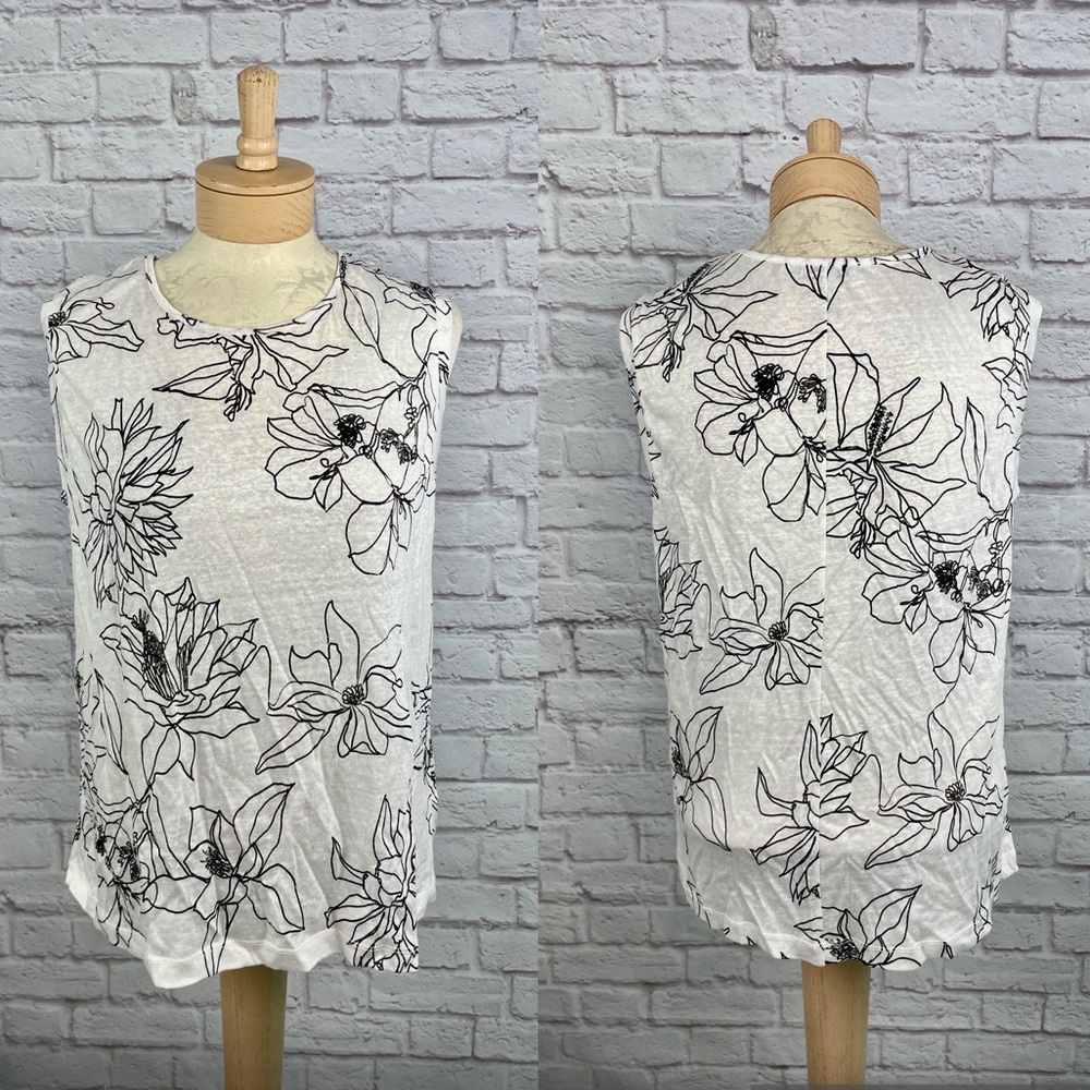 100% Linen Floral White & Black Flowy‎ Brende Blouse Made in Portugal Size M